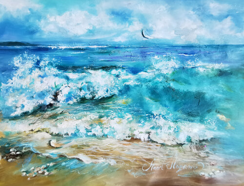Turquoise lagoon. Seascape with waves on canvas. Original sea oil painting. Annet Loginova